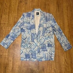 Vintage San Moire Blue Geometric Abstract Print Blazer Jacket Size 8 Made in USA